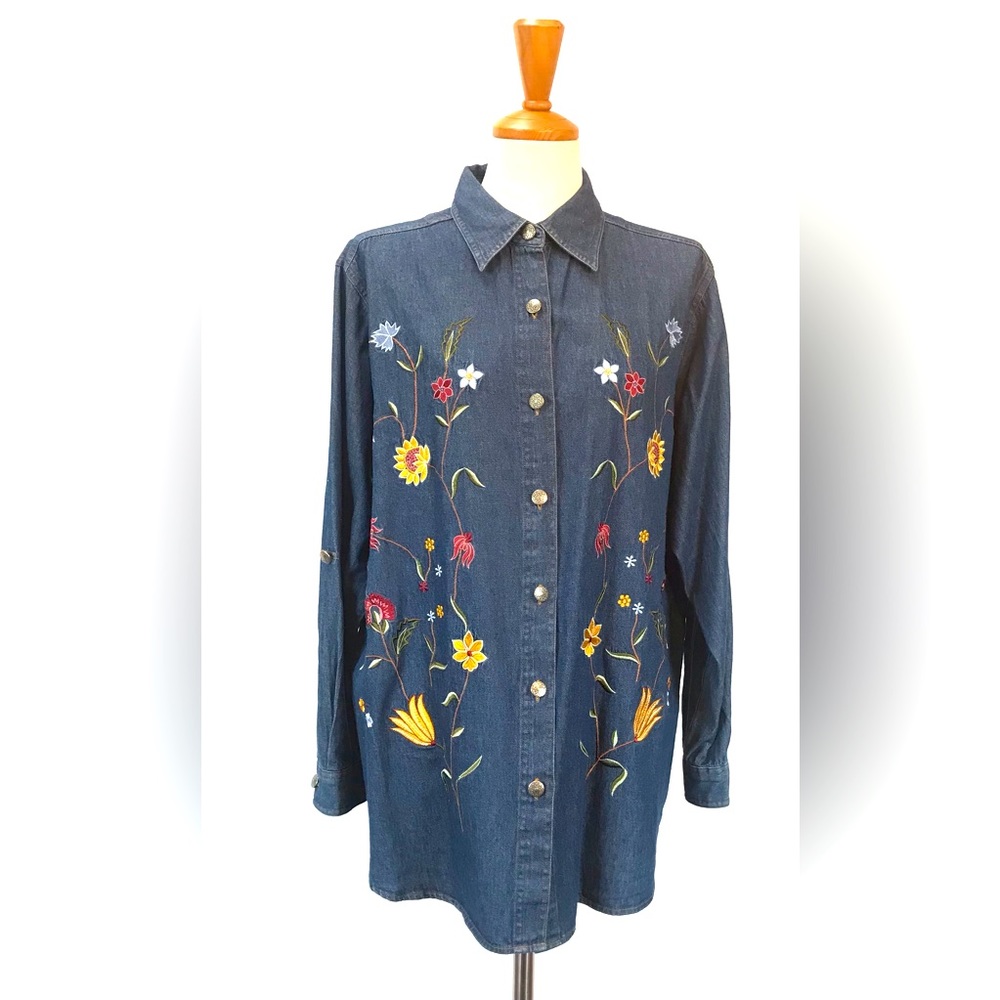 Vintage Denim Long Sleeve Button Down Shirt with Floral embroidery size Xl